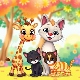 A colorful cartoon scene featuring a cute little giraffe, a mother cat, a black kitten, and an orange striped kitten