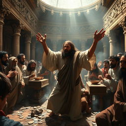 A dramatic scene depicting Jesus in the temple, passionately overturning the tables of the money changers