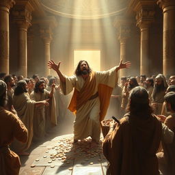 A dramatic scene depicting Jesus in the temple, passionately overturning the tables of the money changers