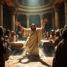 A dramatic scene depicting Jesus in the temple, passionately overturning the tables of the money changers