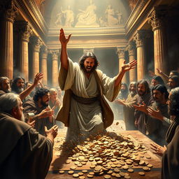A dramatic scene depicting Jesus in the temple, passionately overturning the tables of the money changers