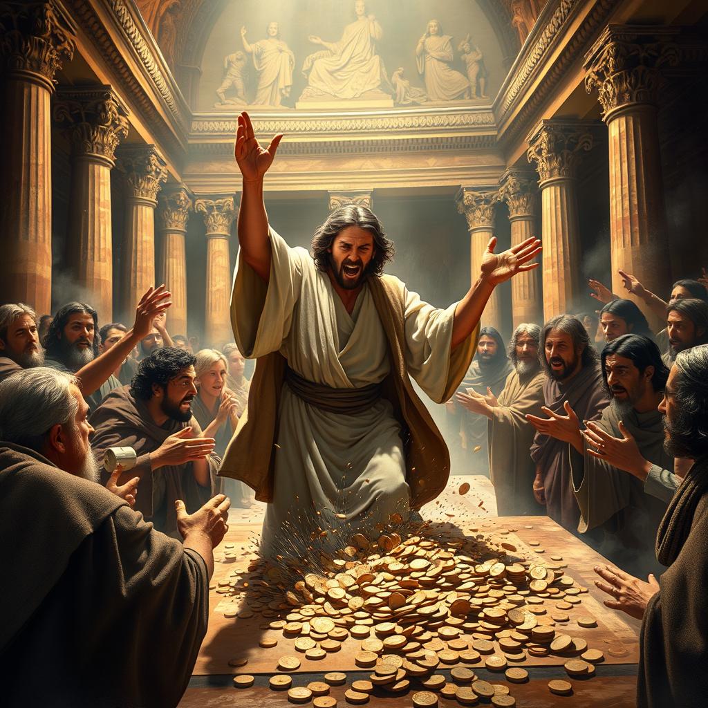 A dramatic scene depicting Jesus in the temple, passionately overturning the tables of the money changers