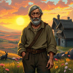 A weary commonfolk man illustrated in the style of Dungeons and Dragons