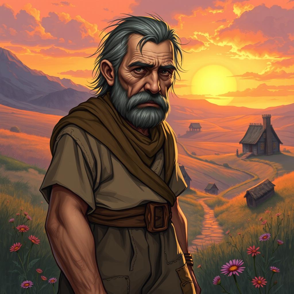 A weary commonfolk man illustrated in the style of Dungeons and Dragons