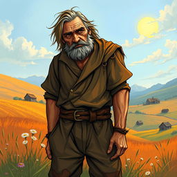 A weary commonfolk man illustrated in the style of Dungeons and Dragons