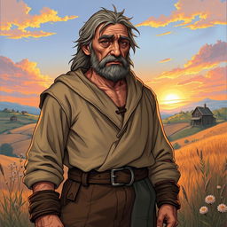 A weary commonfolk man illustrated in the style of Dungeons and Dragons