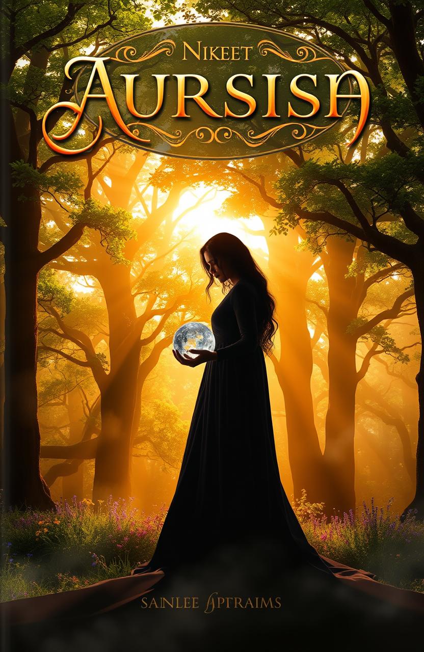 A stunning book cover featuring a majestic, ancient forest bathed in the golden light of sunrise