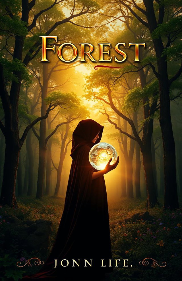 A stunning book cover featuring a majestic, ancient forest bathed in the golden light of sunrise