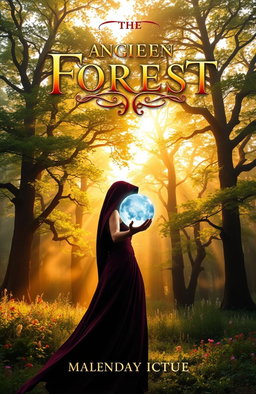 A stunning book cover featuring a majestic, ancient forest bathed in the golden light of sunrise