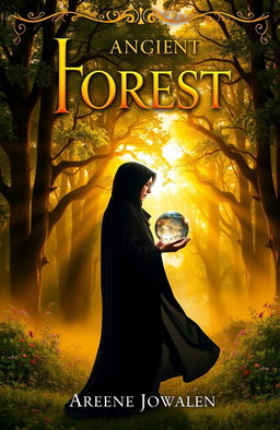 A stunning book cover featuring a majestic, ancient forest bathed in the golden light of sunrise