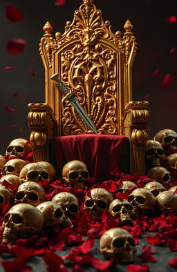 A majestic golden throne adorned with intricate designs, featuring a beautifully crafted dagger resting on the arm of the throne