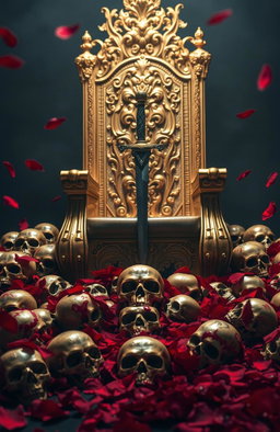 A majestic golden throne adorned with intricate designs, featuring a beautifully crafted dagger resting on the arm of the throne