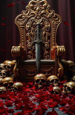 A majestic golden throne adorned with intricate designs, featuring a beautifully crafted dagger resting on the arm of the throne