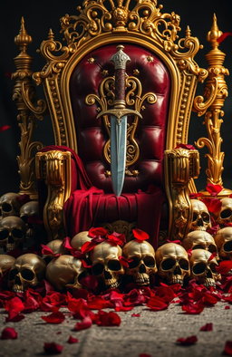 A majestic golden throne adorned with intricate designs, featuring a beautifully crafted dagger resting on the arm of the throne