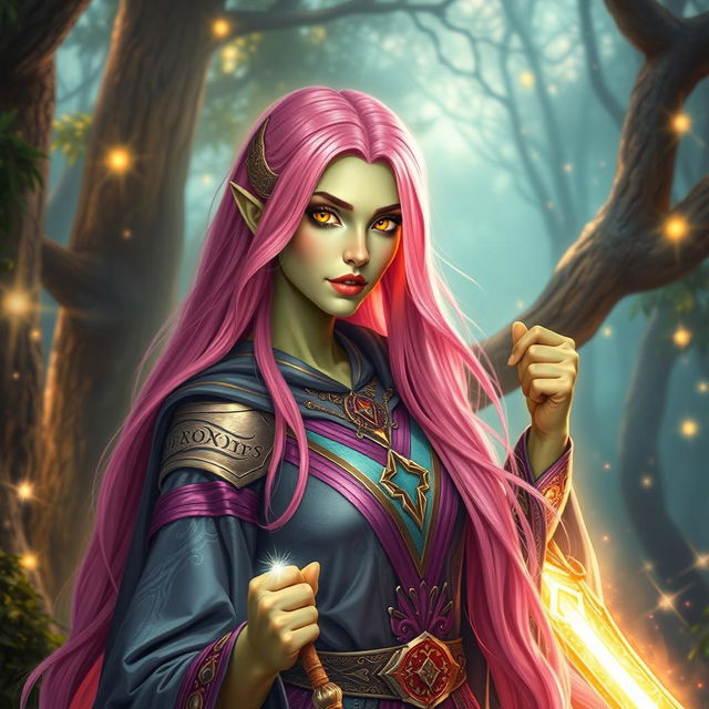 A powerful bladesinger wizard, featuring a woman with long, bright pink hair flowing elegantly down her back