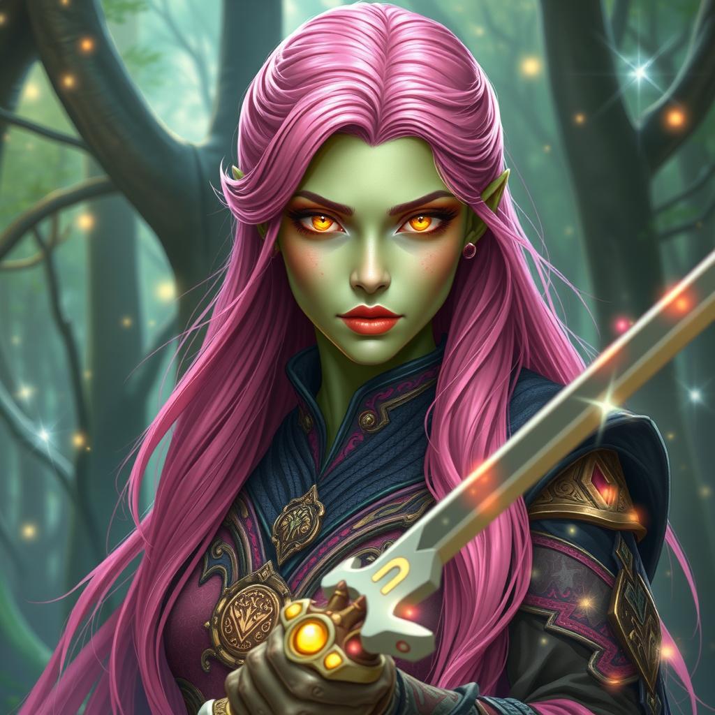 A powerful bladesinger wizard, featuring a woman with long, bright pink hair flowing elegantly down her back