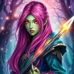 A powerful bladesinger wizard, featuring a woman with long, bright pink hair flowing elegantly down her back