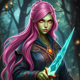 A powerful bladesinger wizard, featuring a woman with long, bright pink hair flowing elegantly down her back