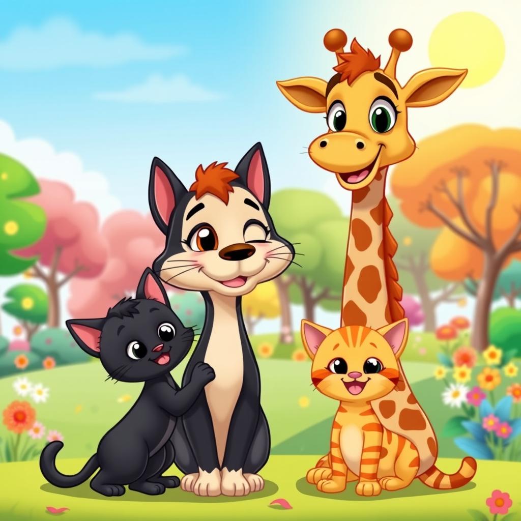 A vibrant cartoon scene featuring a tall, playful giraffe alongside a loving mother cat and her two kittens: one black and one with orange stripes