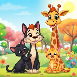 A vibrant cartoon scene featuring a tall, playful giraffe alongside a loving mother cat and her two kittens: one black and one with orange stripes
