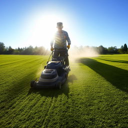 A focused man, mowing a thick, vibrant lawn under a clear sky, a halo of dust particles shining in the sunlight around the active lawn mower.