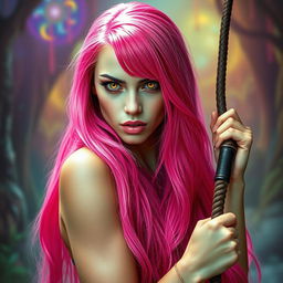 A striking woman with long, bright pink hair cascading down her back, her vibrant locks shimmering in the light