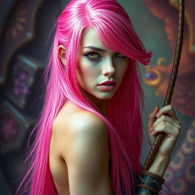 A striking woman with long, bright pink hair cascading down her back, her vibrant locks shimmering in the light