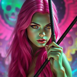 A striking woman with long, bright pink hair cascading down her back, her vibrant locks shimmering in the light