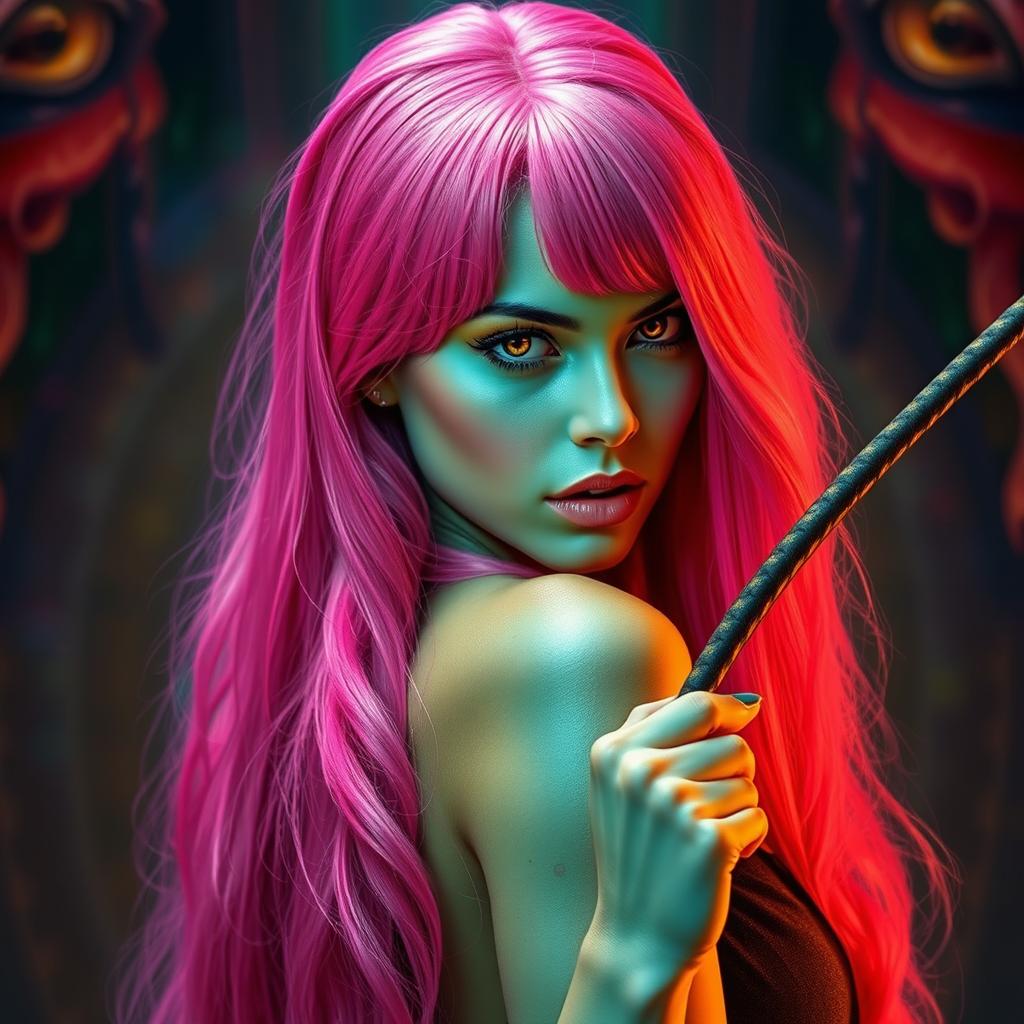 A striking woman with long, bright pink hair cascading down her back, her vibrant locks shimmering in the light