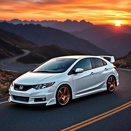 A pristine white Honda Civic EK9 Type R parked on a winding mountain road during sunset