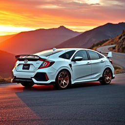 A pristine white Honda Civic EK9 Type R parked on a winding mountain road during sunset