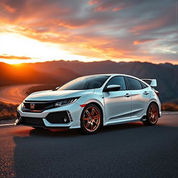 A pristine white Honda Civic EK9 Type R parked on a winding mountain road during sunset