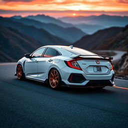 A pristine white Honda Civic EK9 Type R parked on a winding mountain road during sunset