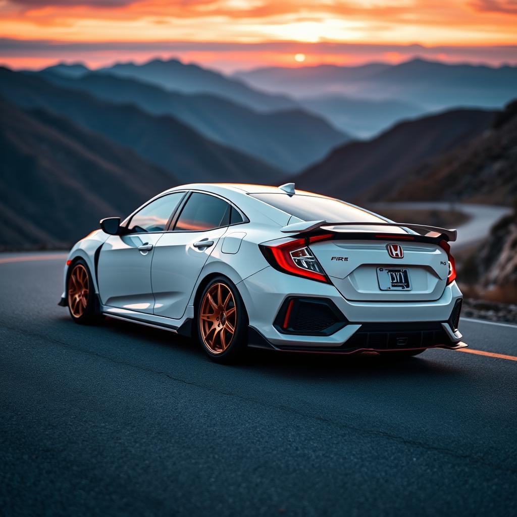 A pristine white Honda Civic EK9 Type R parked on a winding mountain road during sunset