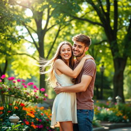 A young couple in a beautiful park, the guy on the right is affectionately hugging the girl on the left