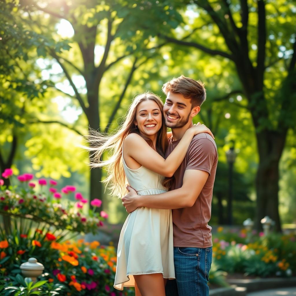 A young couple in a beautiful park, the guy on the right is affectionately hugging the girl on the left