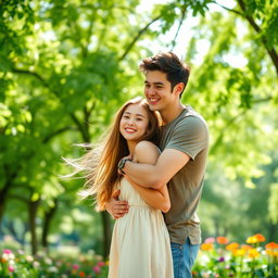 A young couple in a beautiful park, the guy on the right is affectionately hugging the girl on the left