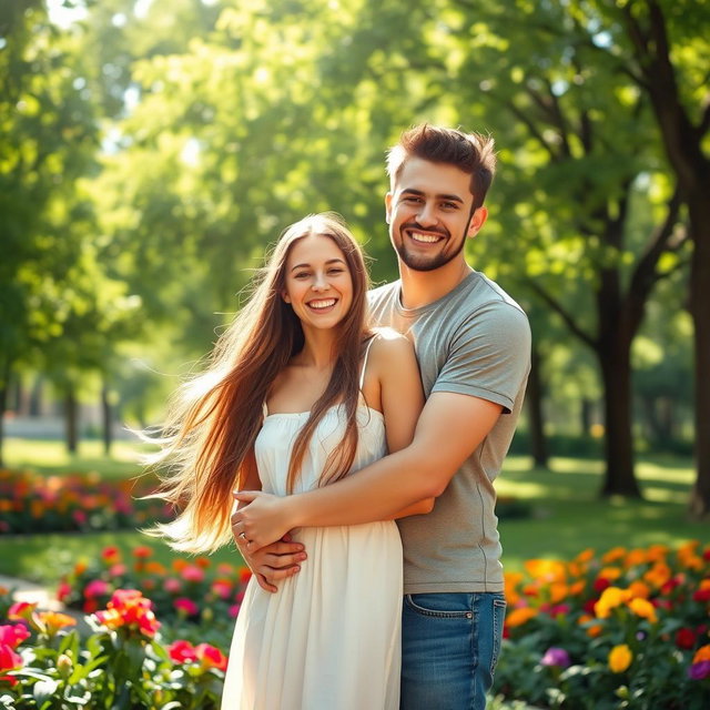 A young couple in a beautiful park, the guy on the right is affectionately hugging the girl on the left