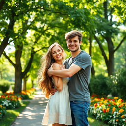A young couple in a beautiful park, the guy on the right is affectionately hugging the girl on the left