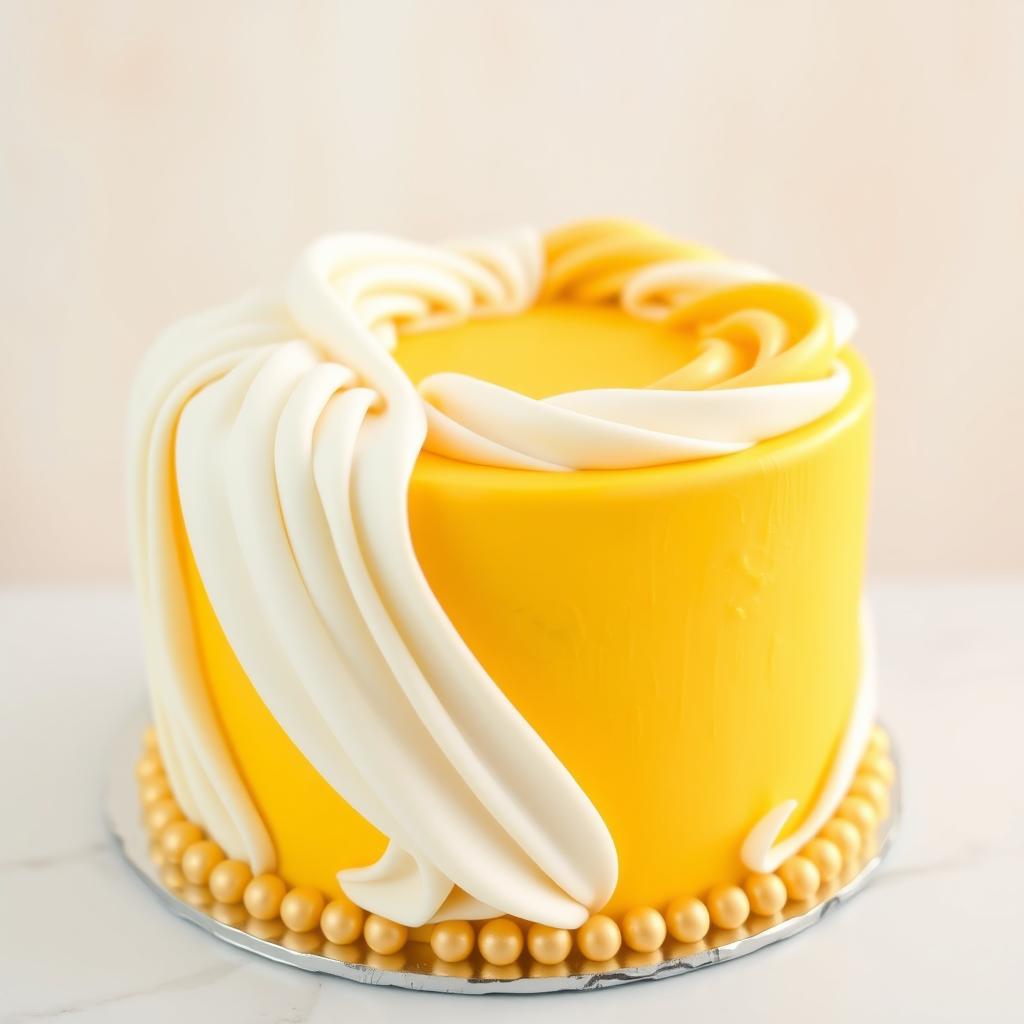 A beautifully decorated cake featuring a rich yellow frosting with elegant white drapes around it