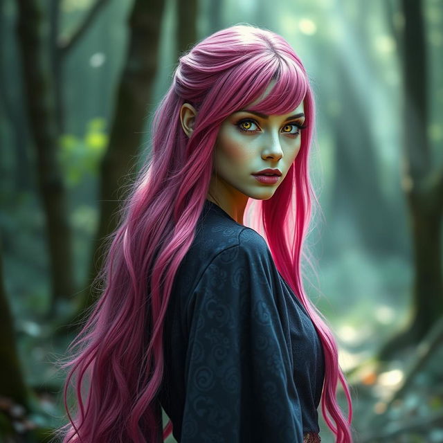 A captivating woman with long, vibrant pink hair flowing elegantly down her back, showcasing her striking gold lizard-like eyes that glimmer with a mystical charm