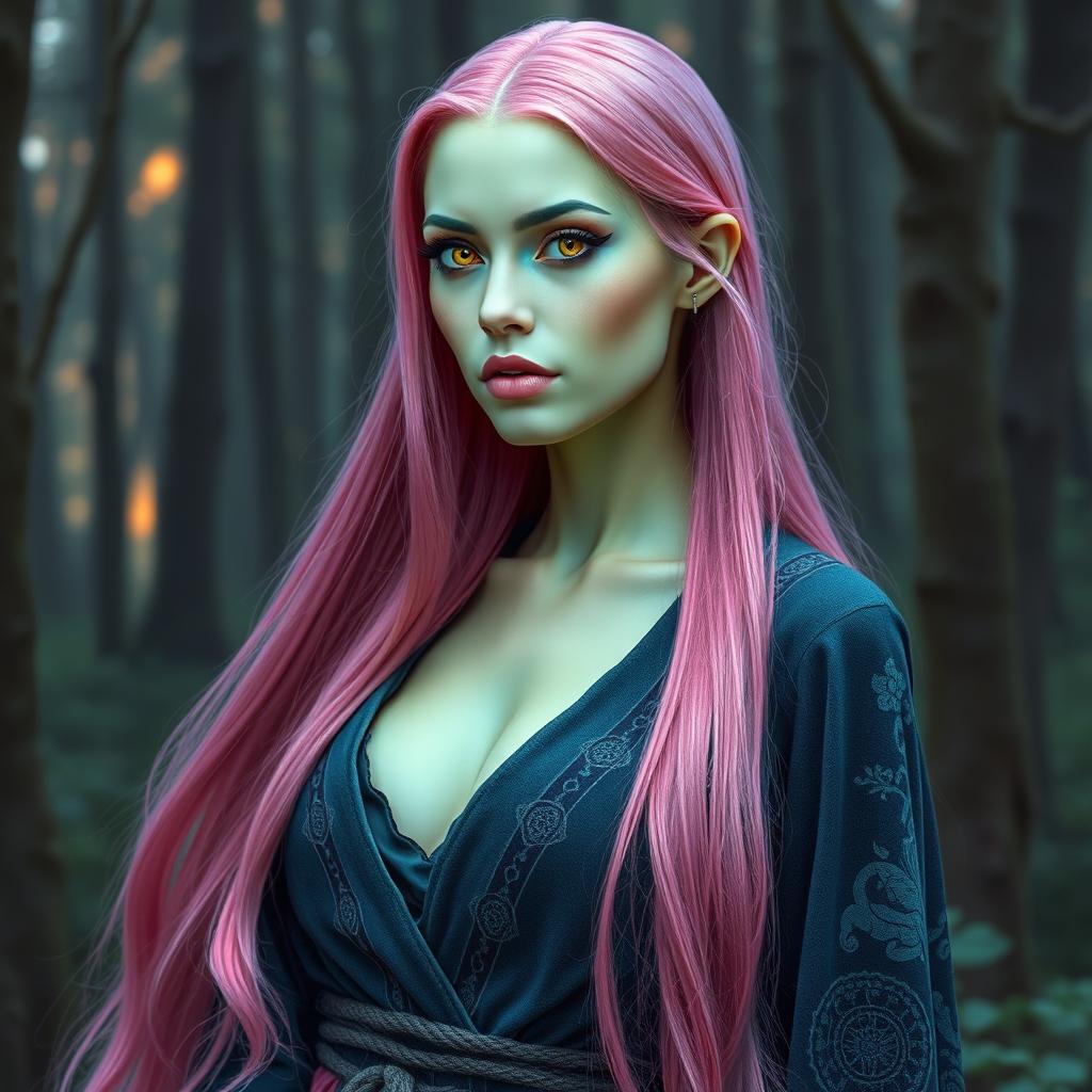 A captivating woman with long, vibrant pink hair flowing elegantly down her back, showcasing her striking gold lizard-like eyes that glimmer with a mystical charm