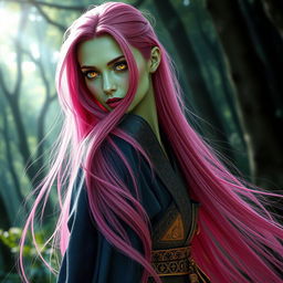 A captivating woman with long, vibrant pink hair flowing elegantly down her back, showcasing her striking gold lizard-like eyes that glimmer with a mystical charm