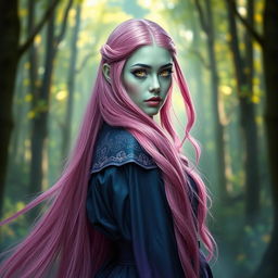 A captivating woman with long, vibrant pink hair flowing elegantly down her back, showcasing her striking gold lizard-like eyes that glimmer with a mystical charm