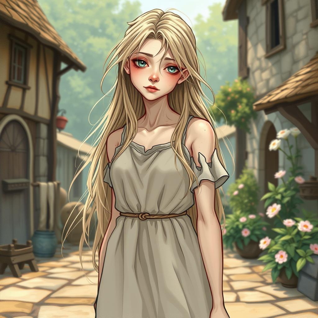 A sickly yet beautiful commonfolk woman illustrated in the style of Dungeons and Dragons