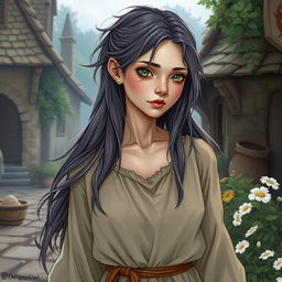 A sickly yet beautiful commonfolk woman illustrated in the style of Dungeons and Dragons