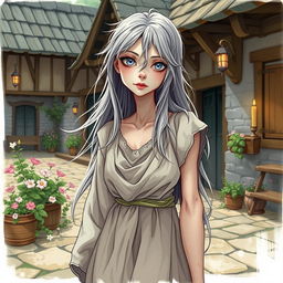 A sickly yet beautiful commonfolk woman illustrated in the style of Dungeons and Dragons