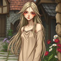 A sickly yet beautiful commonfolk woman illustrated in the style of Dungeons and Dragons