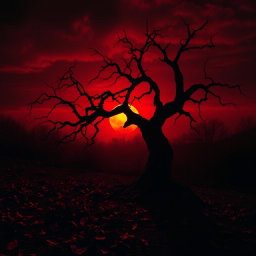 A dark and atmospheric scene featuring a dramatic and eerie landscape