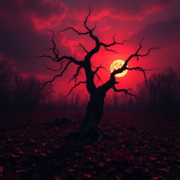A dark and atmospheric scene featuring a dramatic and eerie landscape